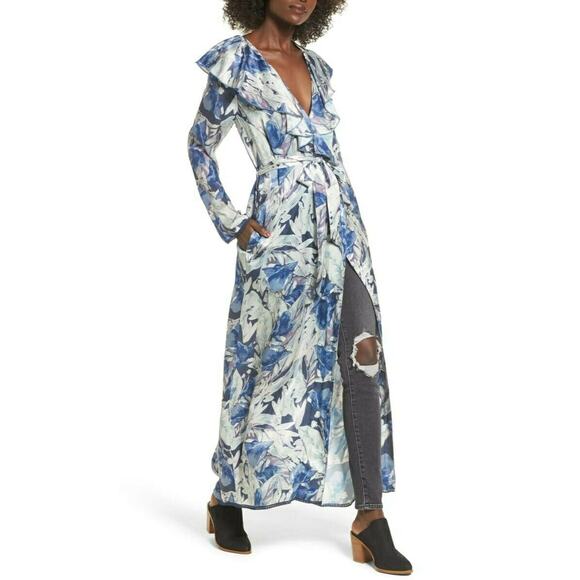 TULAROSA Drucilla duster long sleeve ruffle wrap kimono in midnight floral Sz S - Picture 3 of 12